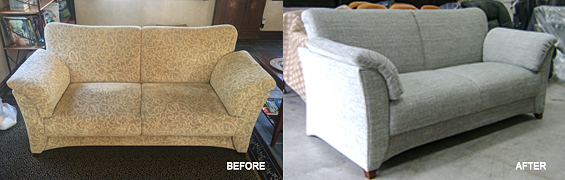 before and after shots of a sofa reupholstered by auckland upholsterers Wilson and Nicholson