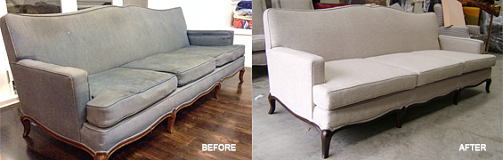 Couch shown prior to being reupholstered and after the Auckland based Upholstery company Wilson and Nicholson have finished upholstering it.