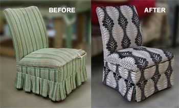 lounge chair before and after being refurbished by Auckland upholsterers Wilson and Nicholson